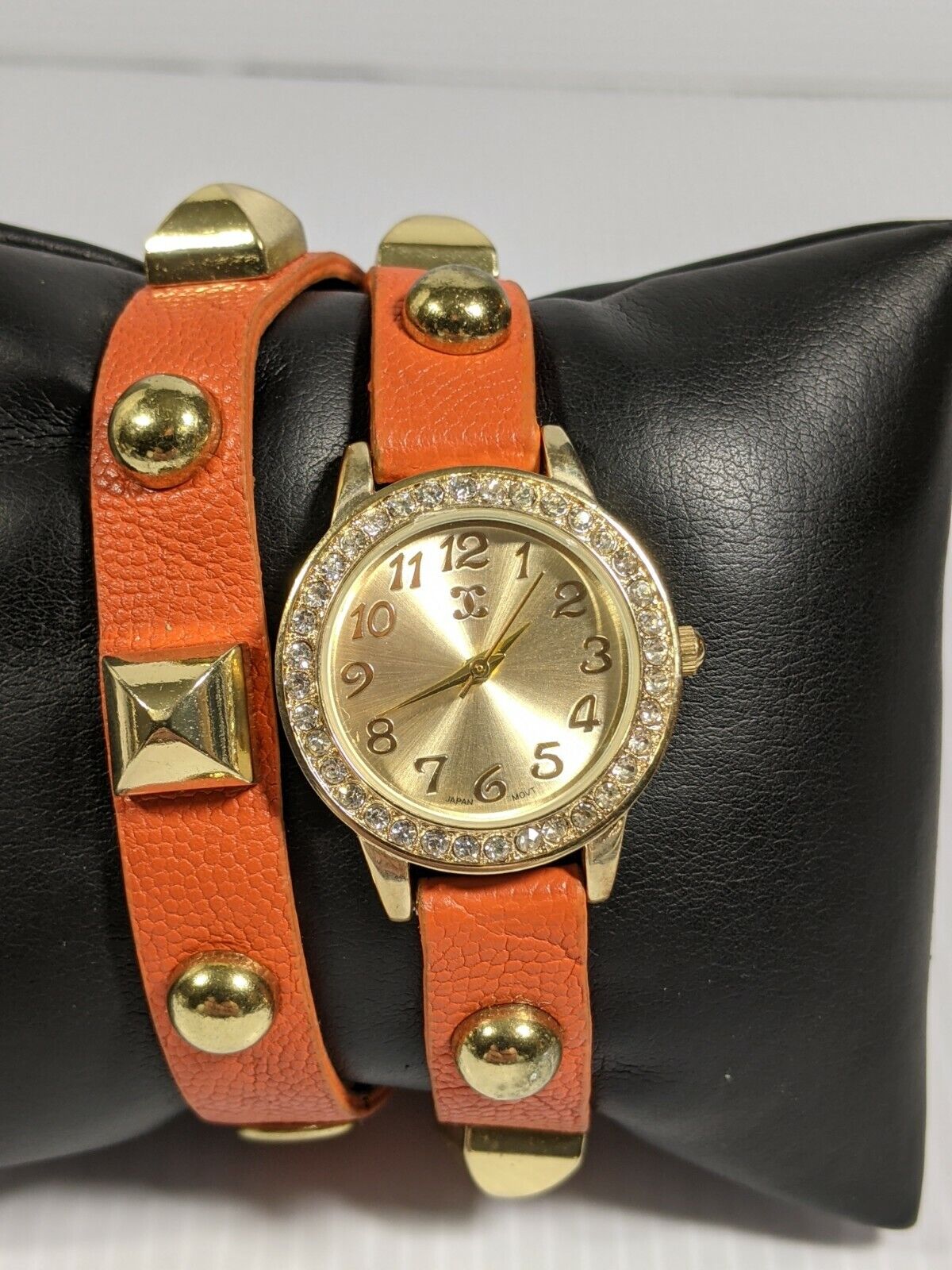 Charming Charlie Silver Tone Crystal Bezel Orange Studded Wrap Bracelet Watch 