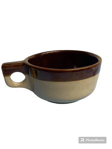 Western Monmouth Pottery Soup Bowl Maple Leaf USA Handled Soup Bowl Brown Drip