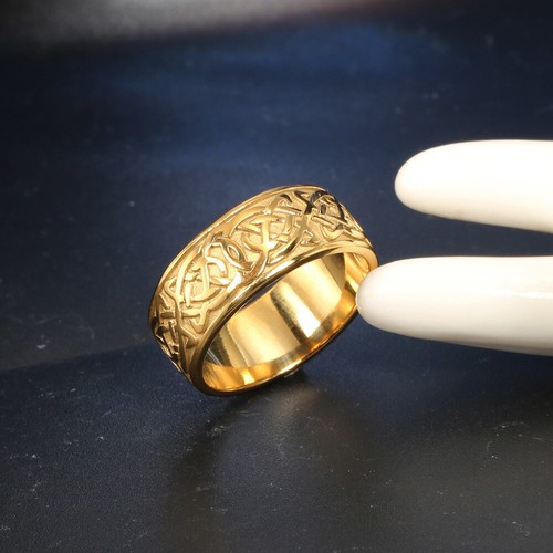 Vintage Gold Plated Celtic Knot Wedding Band Ring Stainless Steel Men Women Ring - Picture 2 of 2