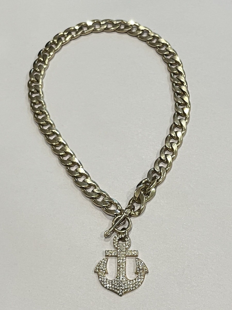 VTG 10K Gold Tone Chain Link Nautical Necklace Rhinestone Anchor