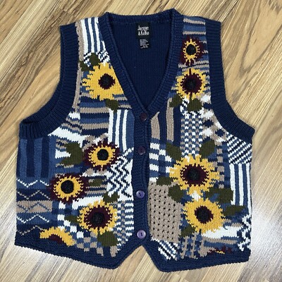 Jacque & Koko Embroidered Vest Bead Sunflower Knit Unisex Size 14/16 Vintage ￼