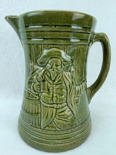 Vintage McCoy Pottery Pirate Buccaneer Pitcher Green Glazed 8 1/2" Tall