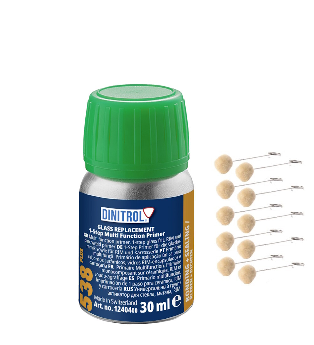 DINITROL 538 WINDSCREEN FITTING ADHESIVE GLUE 30ML CLEANER ACTIVATOR + 10 BUDS