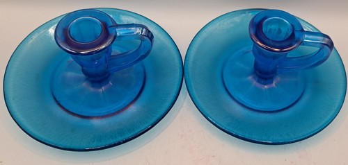 Antique Northwood Iridescent Blue Stretch Glass Chamberstick Candlestick Holders - Picture 3 of 12