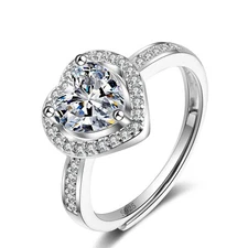 925 Sterling Silver Love Heart Shaped Shinning Cubic Zirconia Adjustable Ring
