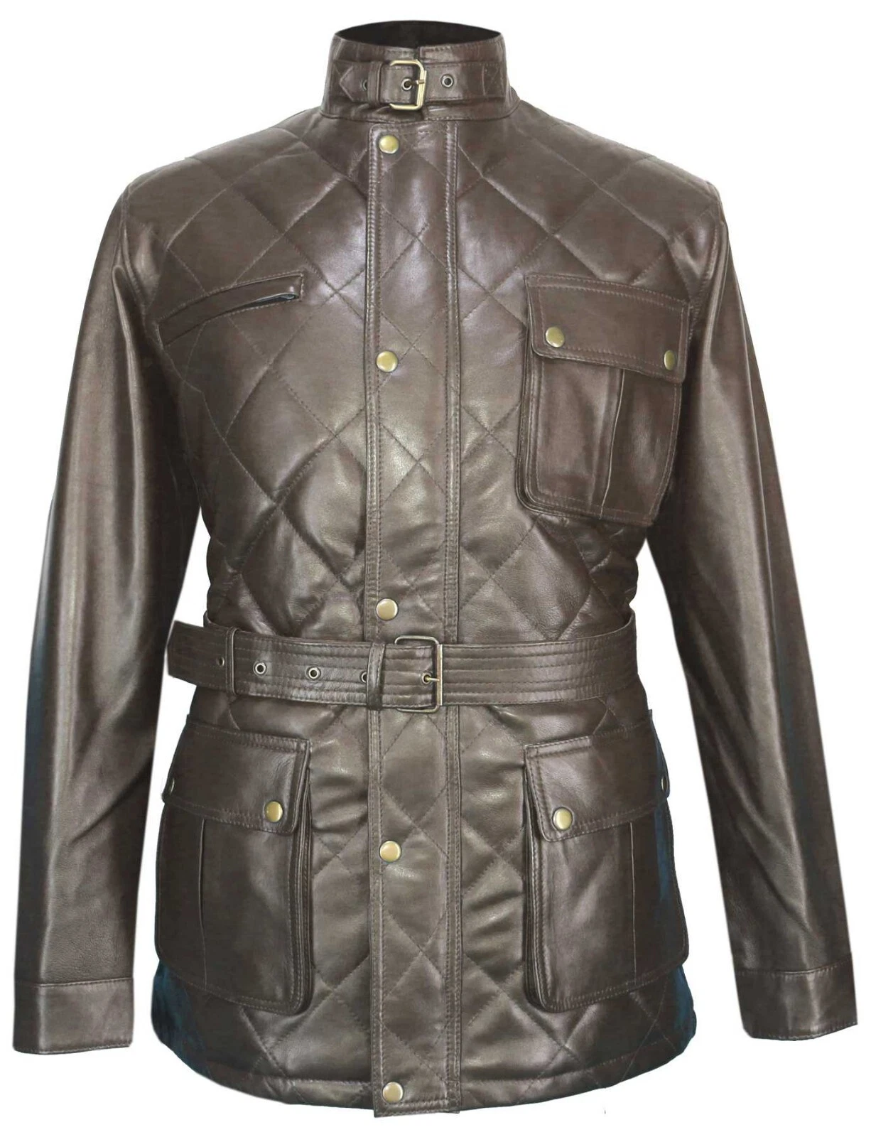 Men Medium Brown Quilted Genuine Lambskin Leather Jacket Panther Motorcycle Army