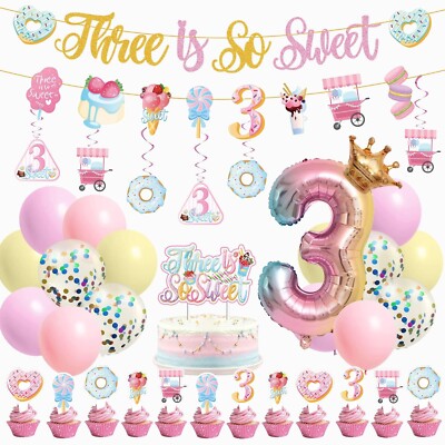 Three Is So Sweet Birthday Decorations for Girls Third Birthday Decorations 