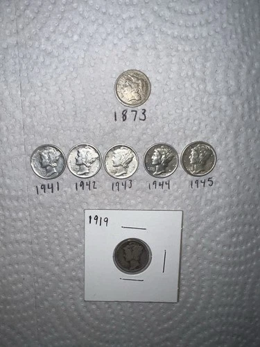 Lot of 7 Circulated 90% Silver US Dimes: 1873 Seated Liberty + 1919-1945 Mercury