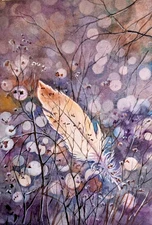 Feather Watercolor Painting Grey Purple Background Spiritual Art Bokeh Light