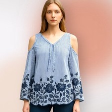 Shoreline Blue and White Embroidered Cold Shoulder Top S