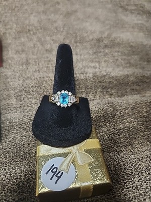 Unique Cut Square Sky Blue Topaz & CZ Gold Tone Ring Sz 8 #194