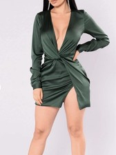 Fashion Nova Large Hunter Green Deep V-Neck Long Sleeve Knot Slit-Front Dress