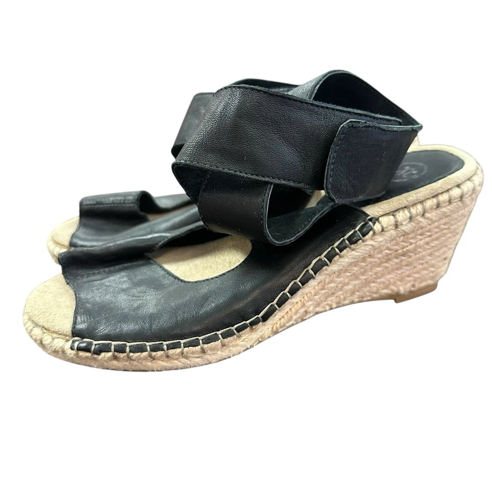 JOHNSTON & MURPHY 女式 ESPADRILLES 全新无标签 7 码黑色皮革楔形脚趾  — 第 4/4 张图片