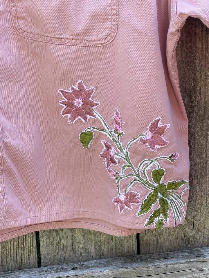 Upcycle Denim Shirt/Jacket  XXL Rose Accents Machine Sewn Long Sleeves OOAK - Image 3 of 4