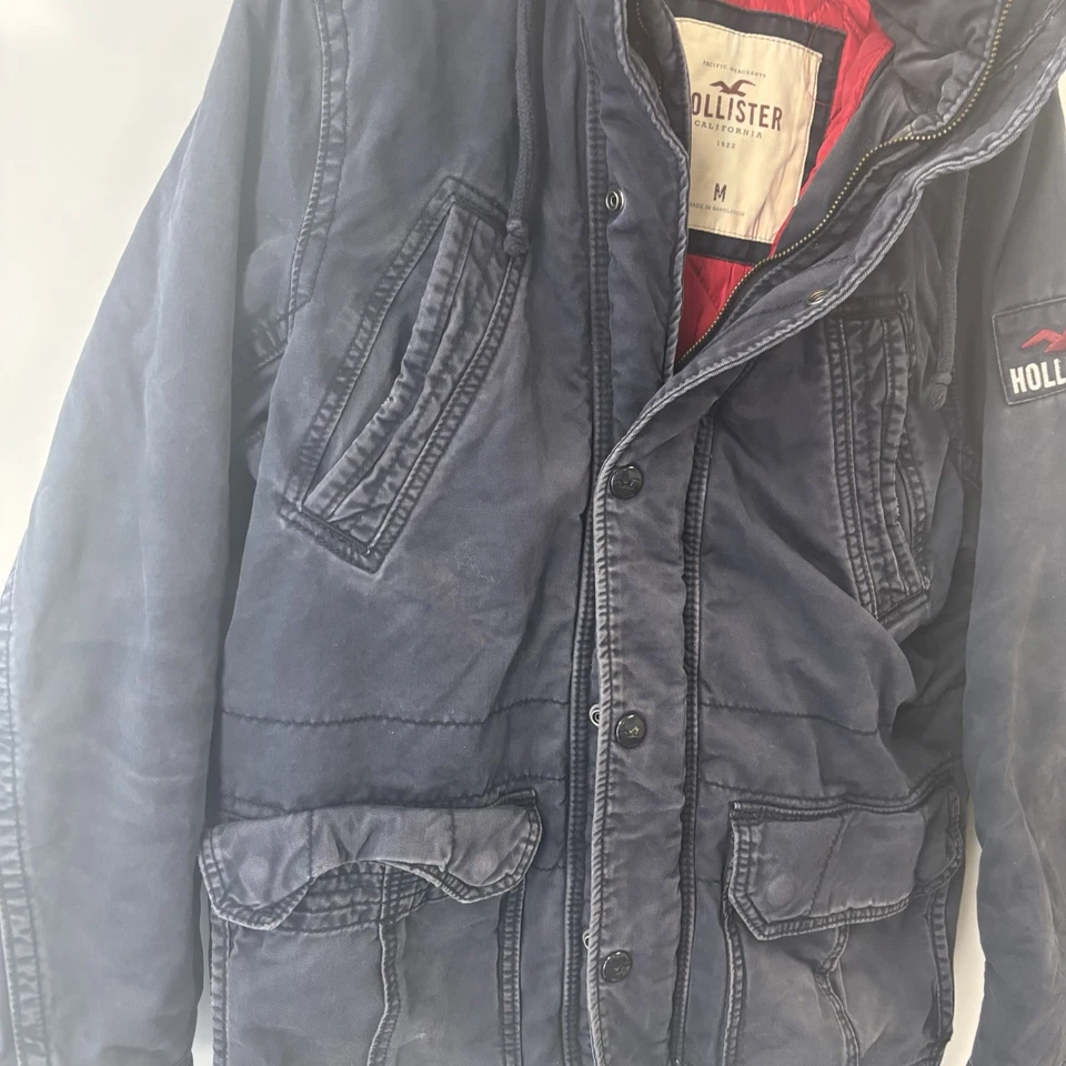 Hollister Jacket Mens Medium Navy Blue Hooded Lined Military Chore Full Button - Image 2 of 4