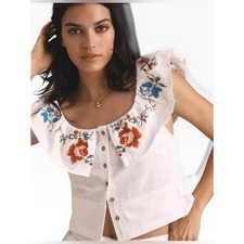 Anthropologie Pilcro Embellished Ruffle Collar Needlepoint Cropped Cotton Top XL