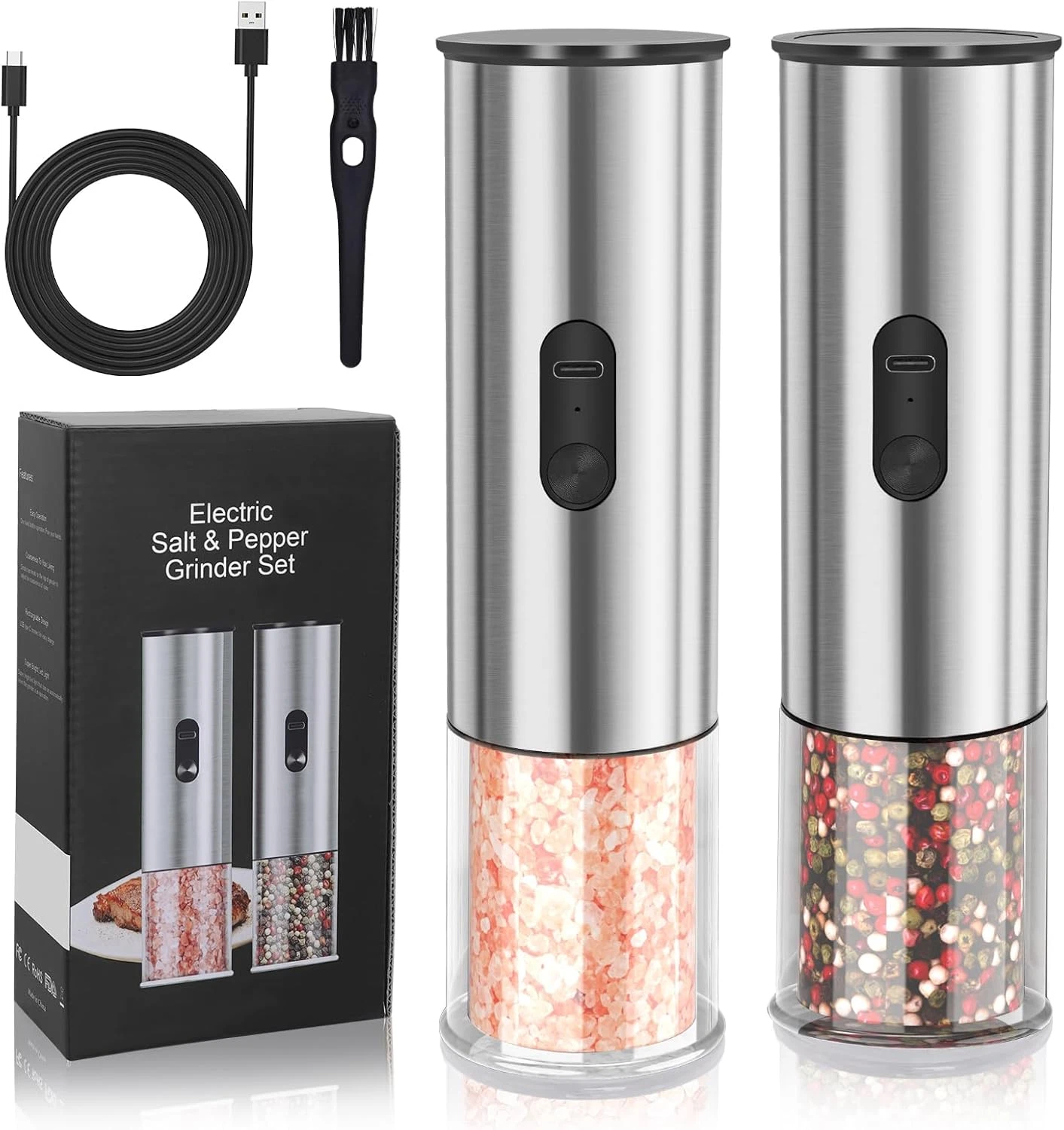 Salt and Pepper Grinder Set, Electric Salt Pepper Shakers with Adjustable Coarse