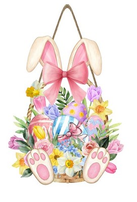 Happy Easter Wreaths for Front Door Easter Eggs Wooden Hanging Sign Cute Bunn...