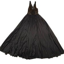 VTG Olga 9687 Med Black Brown Bodice Lace Bodysilk Full Sweep Maxi Nightgown