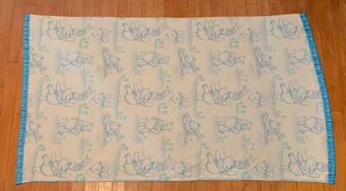 Winnie The Pooh Blanket White w/Blue print Satin Trim **SEE Size Below** - Picture 3 of 7
