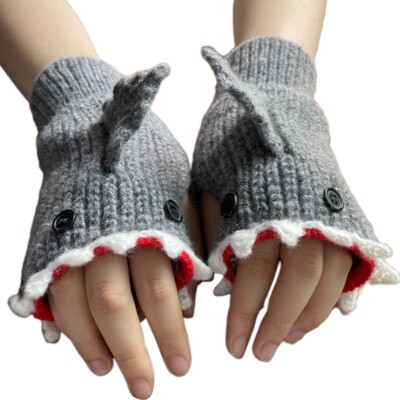 Half-finger Gloves Women Knitted Mitten Fashion Cartoon Shark Glove