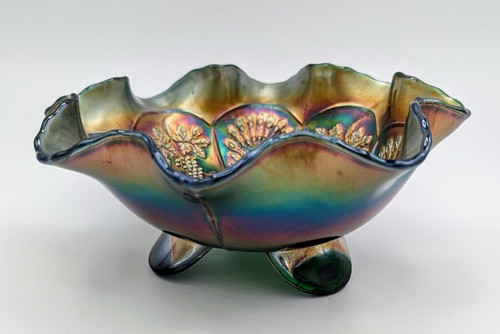FENTON Peacock & Grape Spatula Footed Green Carnival Glass Bowl 8" c1920's - Picture 10 of 20