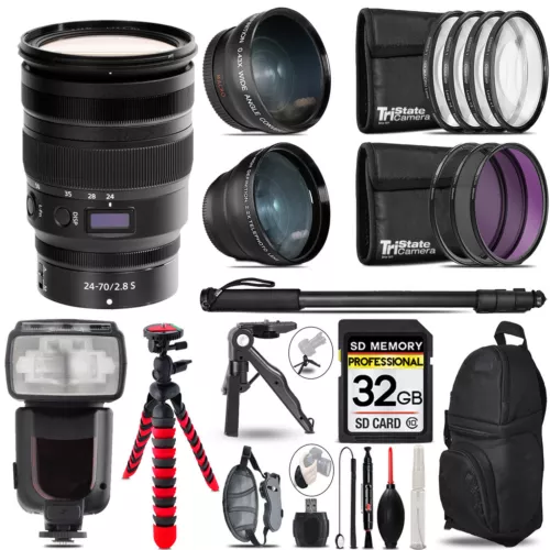 Nikon NIKKOR Z 24-70mm f/2.8 S Lens - 3 Lens Kit + Professional Flash - 32GB Kit