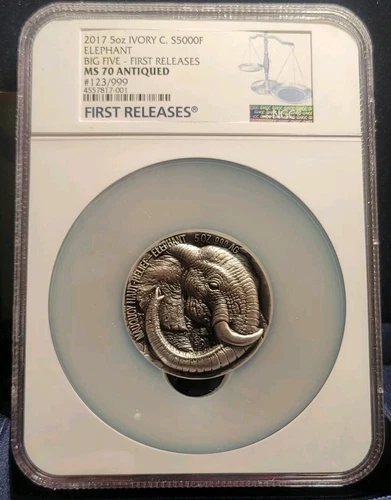 2017 Mauquoy African Elephant Ivory Coast Big Five NGC MS70 Antiqued 5oz Silver