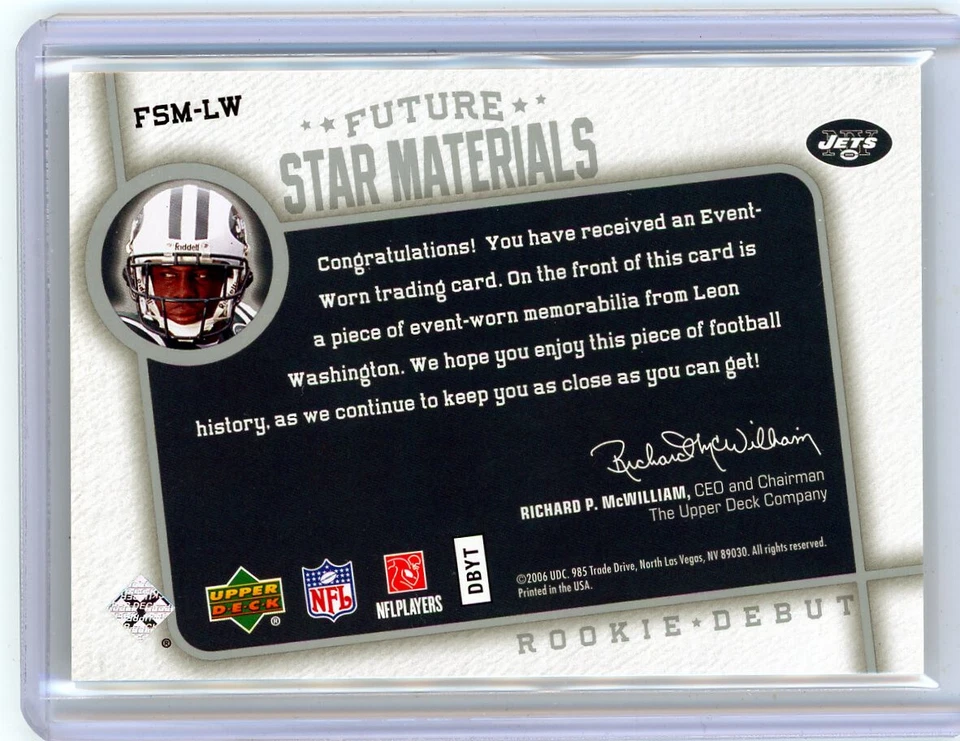🏈  LEON WASHINGTON 2006 UPPER DECK FUTURE STAR MATERIALS JERSEY # FSM-LW - Image 2 of 2