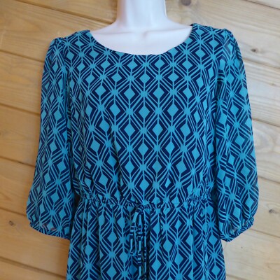 Enfocus Studio 8 Green Blue Teal Chiffon Elastic Waist Dress Geometric En  Focus | eBay