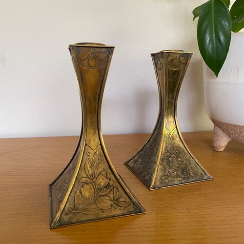 Antique Brass Floral Art Nouvea Kronheim Oldenbusch K&O Candle Stick Holder Pair