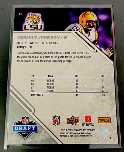 Herman Johnson Autographed Card 2009 Upper Deck Draft 42 Rookie LSU Geaux Tigers - Picture 3 of 3