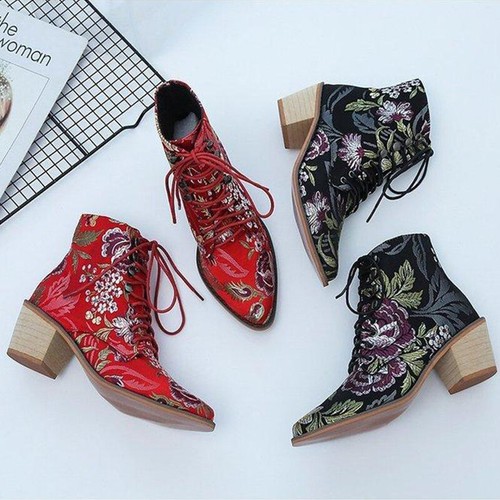 Damen Stiefeletten Stiefel Blockabsatz Floral Spitz Schnürung Schuhe Pumps 41 DE - Bild 6 von 25