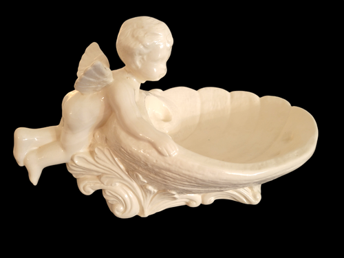 Vintage Glazed White Ceramic Candy Dish Applied Cherub Angel Figurine 11"x7" - Picture 3 of 10