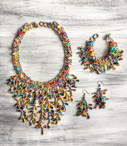 Samen Perlen Halskette, Armband & Ohrringe Set mehrfarbig Fransen Choker Huichol Kunst - Bild 2 von 5