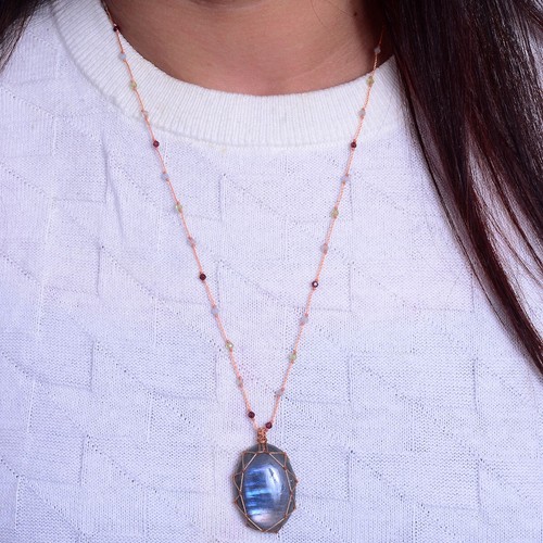 Hand Crafted Natural Labradorite Multi Flashy Micro Macrame Gemstone Necklace