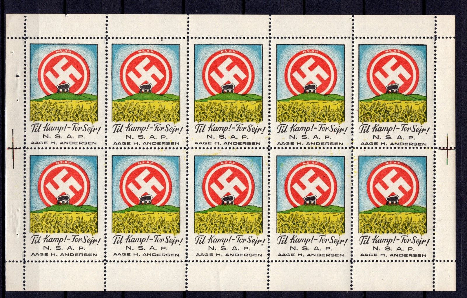 GERMANY 3rd REICH NSAP DENMARK VERY RARE PARTY LABEL COMPLETE SHEET PERFECT MNH