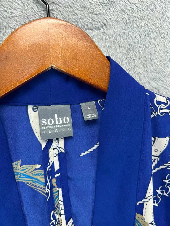 Blusa SOHO Kimono Top Mujer Pequeña Azul Floral Cadena Cinturón Manga Corta Damas Foto 3 de 4