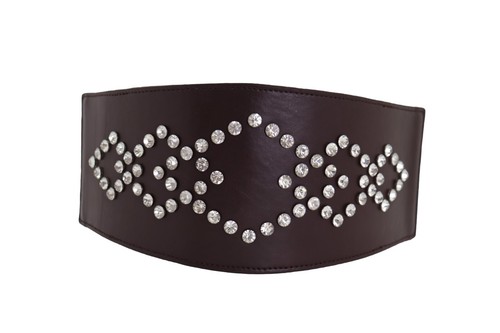Women Wide Faux Leather Dark Brown Elastic Fashion Belt Bling Silver Squares S M - Picture 5 of 12