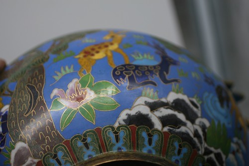 8" TALL Chinese bronze Cloisonne Feng Shui pot crock jar GA - Picture 6 of 12