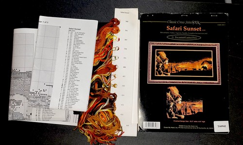 Vtg Sunset Safari Cross Stitch Kit Lion Giraffes Elephants Black Aida 23.2 x 9.9 - Picture 5 of 8