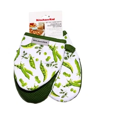 KitchenAid Mini Oven Mitts 2-Pack Green Pea Design Cotton Grip Heat Resistant