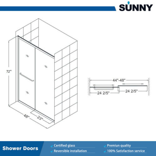 SUNNY 48" W x 72" H Sliding Shower Door 1/4 Clear Tempered Glass Brushed Nickel - Picture 10 of 10