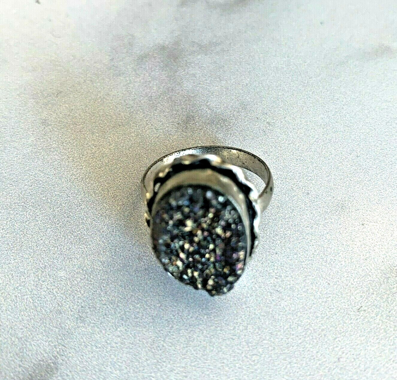 Sterling Silver Druzy Ring Oval Statement Band Ri… - image 1