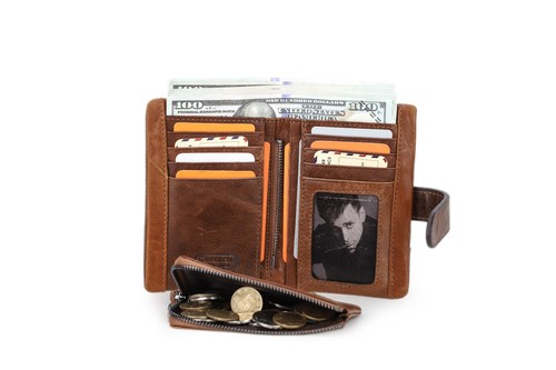 CONTACTS Men Wallet Genuine Leather Coin Card Photo Holder Purse Button Closure - Picture 2 of 13