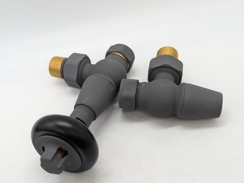 Traditional antique design TRV thermostatic brass angled radiator valves pair - Picture 10 of 11