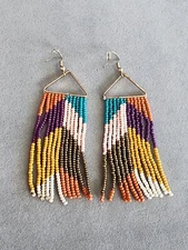 ZAD Signed Muted Chevron Earrings Glass Seed Beads Retro Copper Tone FREE $HIP!