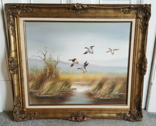 FRAMED OIL ON CANVAS 'DUCK'S IN FLIGHT' SIGNED C.WALKER - Picture 1 of 8