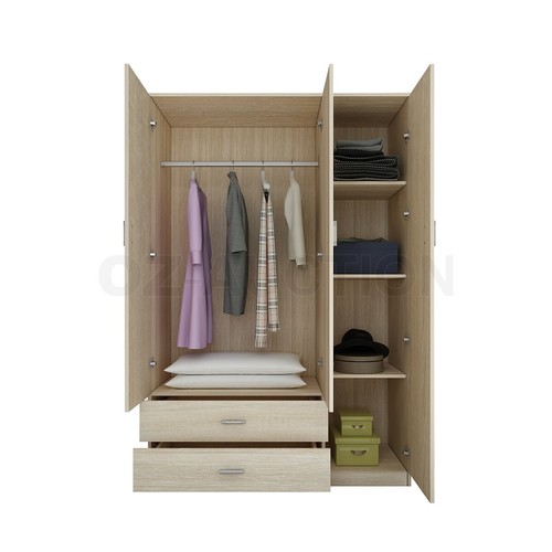 3 Door Wardrobe Oak Mirrored Dresser Cabinet with Large Drawers Shelves Hanging - Picture 5 of 11