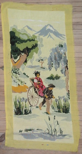 Vintage Asian Scene Geisha in Rickshaw Needlepoint Completed France